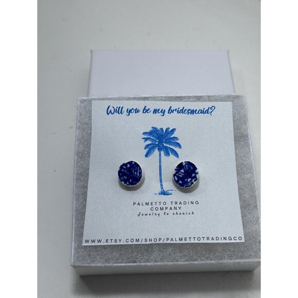 Chinoiserie Blue White Gold Earrings from Broken Fine China Weddings Gift Ribbon - Picture 4 of 8